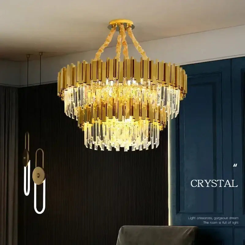 Decorbites golden luxury led crystal chandelier features cascading crystal prisms in a tiered modern design