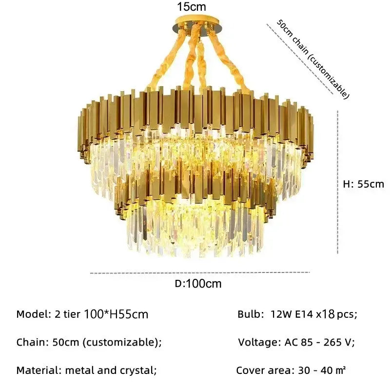 Decorbites golden luxury led crystal chandelier with two tiers, cascading crystals, and a 50cm customizable chain