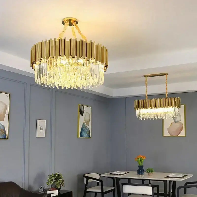 Decorbites golden luxury led crystal chandelier with gold-toned vertical rods and cascading glass prisms for living rooms