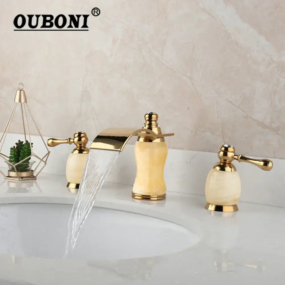 Ouboni decorbites golden plated waterfall bathtub faucet with cream marble handles and gold finish