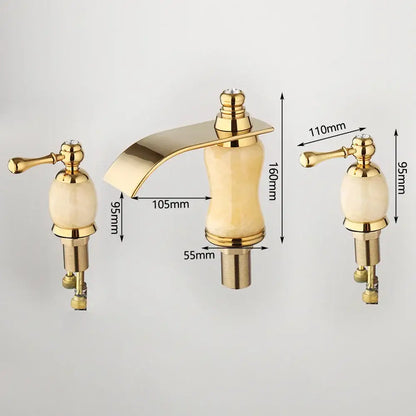 Decorbites golden plated waterfall bathtub faucet with cream ceramic handles and crystal accents on golden plated knobs