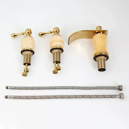 Decorbites golden plated waterfall bathtub faucet set with gold finish cream marble handles and flexible metal hoses