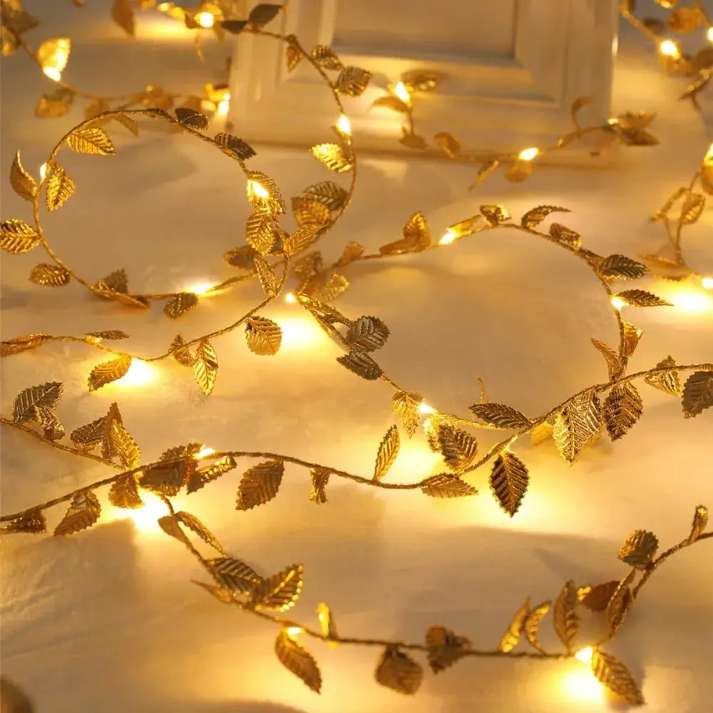 DecorBites golden silver leaf fairy lights with tiny golden leaves and warm glowing bulbs for event decoration