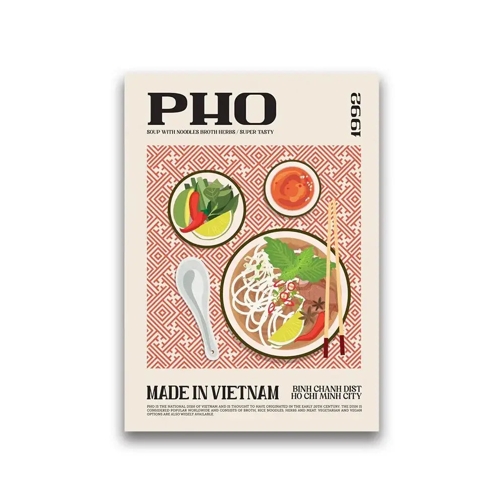 DecorBites™ gourmet world cuisine canvas wall art featuring vintage pho bowl illustration with herbs and lime slices