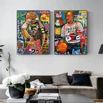 Two vibrant graffiti basketball celebrities canvas prints featuring michael jordan and dennis rodman jersey art