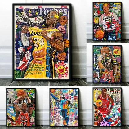 Vibrant graffiti basketball celebrities wall art print featuring kobe bryant in lakers yellow jersey number 24