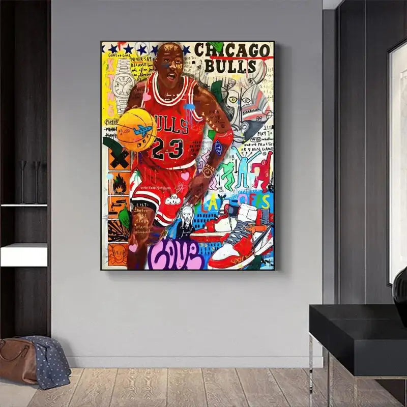 Decorbites graffiti basketball celebrities wall art print featuring michael jordan in red chicago bulls jersey with vibrant street art