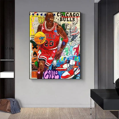 Decorbites graffiti basketball celebrities wall art print featuring michael jordan in red chicago bulls jersey with vibrant street art