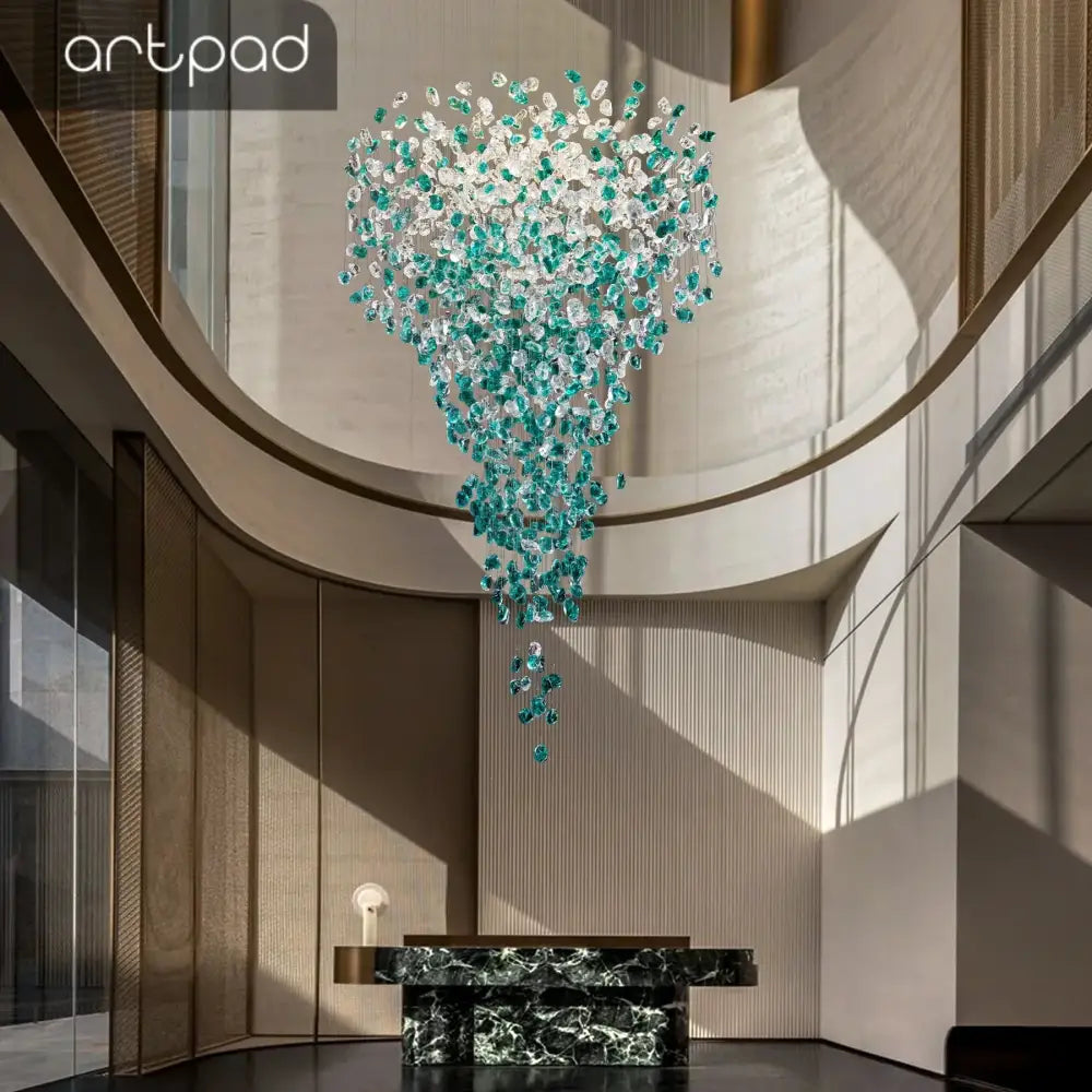 DecorBites™ green crystal stone chandelier with translucent turquoise glass pieces for modern interior spaces