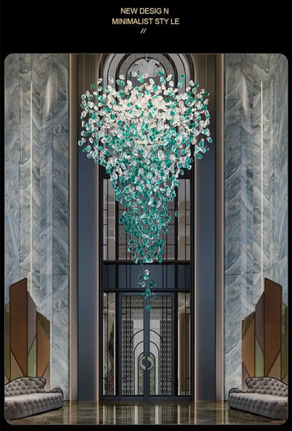 Decorbites™ green crystal stone chandelier featuring cascading translucent teal and clear glass crystals for modern spaces