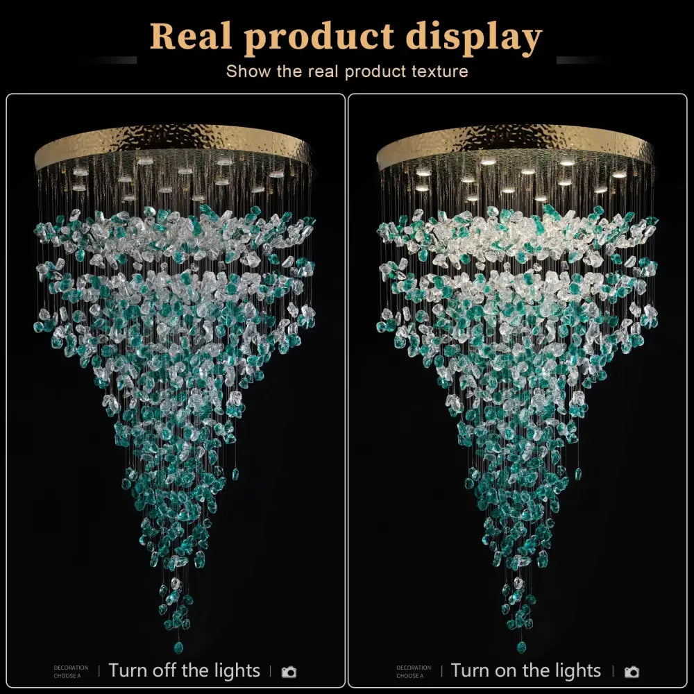 Decorbites™ green crystal stone chandelier with hammered gold top and cascading teal and clear crystal stone droplets