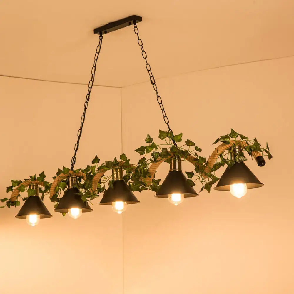 DecorBites Green faux plant farmhouse island light with black metal barrel flared pendant shades and woven rope accents