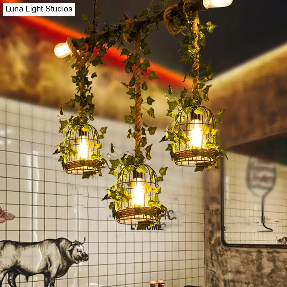Decorbites™ farmhouse island light with barrel flared metallic shade and green faux plant ivy wrapped cages