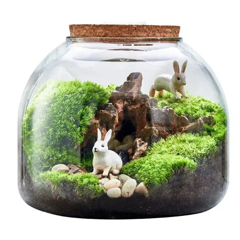 Decorbites™ green moss glass vase terrarium container with clear glass, cork lid, lush green moss, rocks, and white rabbits