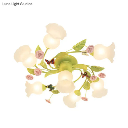 DecorBites™ green opaque glass spiral ceiling light fixture with pastel green and pink floral design and butterfly accents