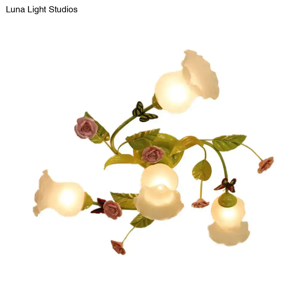 DecorBites™ green opaque glass spiral ceiling light fixture with illuminated pink rose floral design for bedroom use