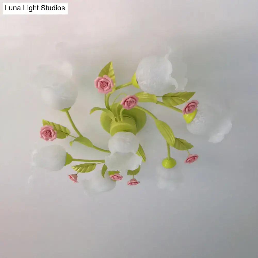 Decorbites green opaque glass ceiling light fixture with frosted tulip shades and pink rose blossoms semi-flush mount