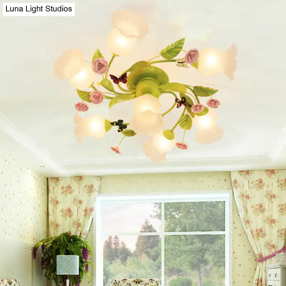 DecorBites green opaque glass spiral ceiling light fixture with pastel pink and green floral design for bedrooms