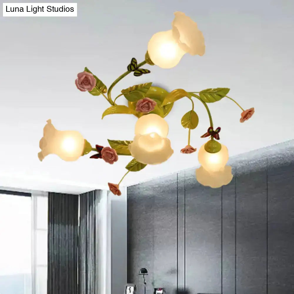 Decorbites green opaque glass ceiling light fixture with cream blossoms pink roses and butterflies semi-flush mount