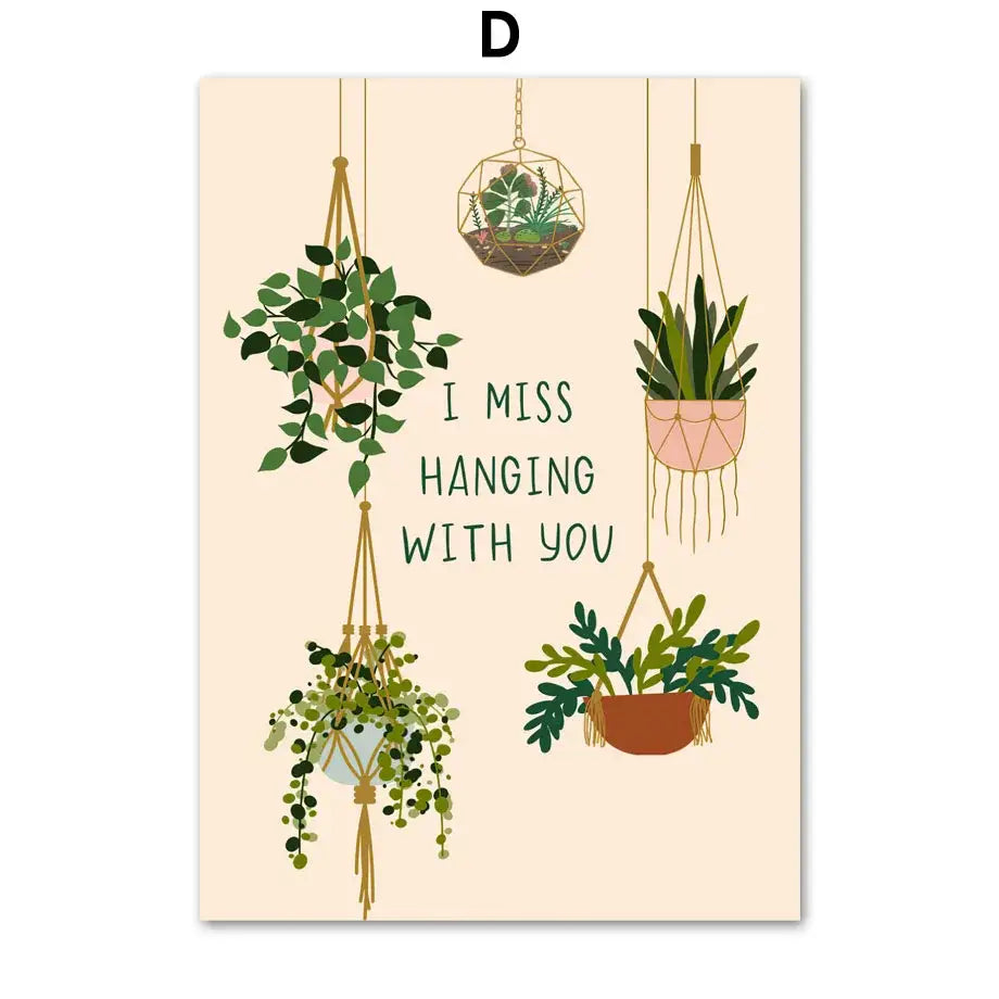 Beige canvas wall art by decorbites featuring green plants black cat in illustrated macrame and geometric planters with text i miss hanging with you
