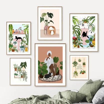 Set of six framed botanical illustrations featuring green plants black cat in soft pastel tones for wall decor