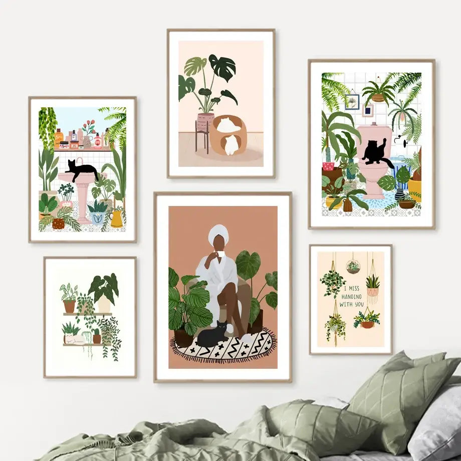 Set of six framed botanical illustrations by decorbites featuring green plants black cat and cozy pastel interior scenes