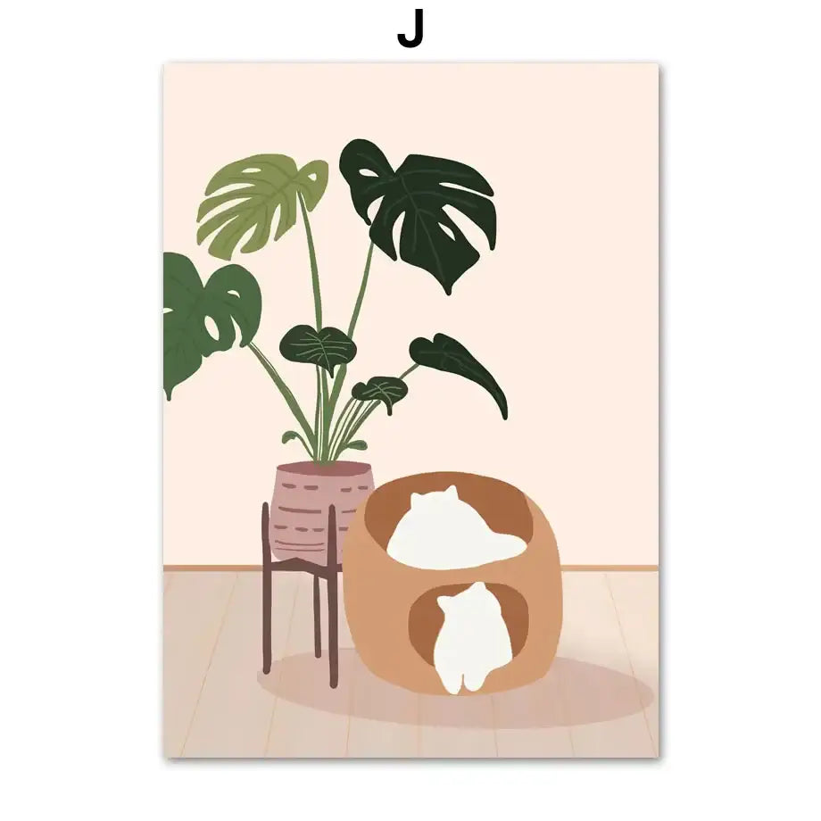 A stylized illustration of green plants and a black cat with a monstera in a pink pot and beige cat bed on canvas wall art