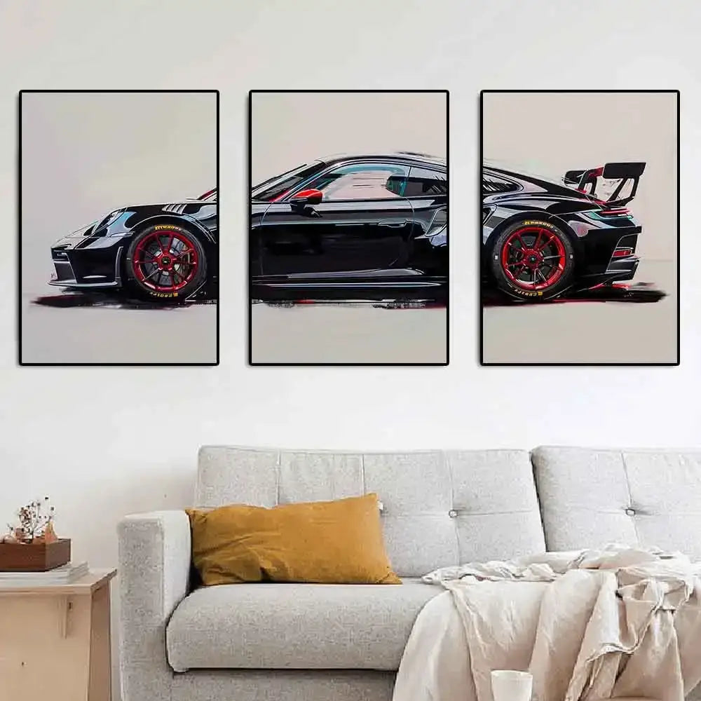 DecorBites™ gt3 rs sports car wall art featuring black Porsche with red rims in triptych canvas design