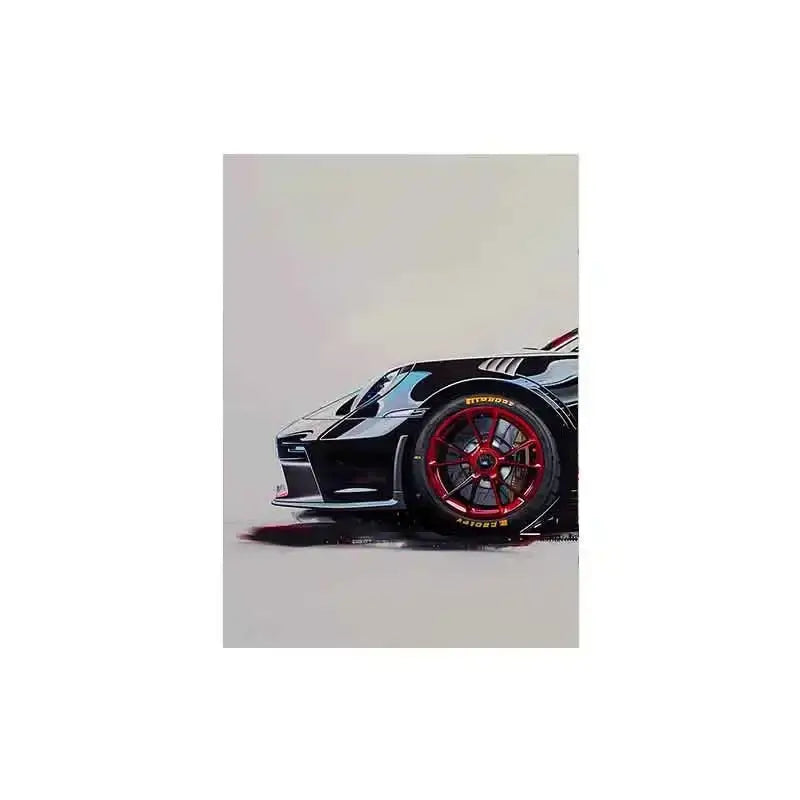 Decorbites™ gt3 rs sports car wall art featuring a black porsche with red alloy wheels in sleek aerodynamic design