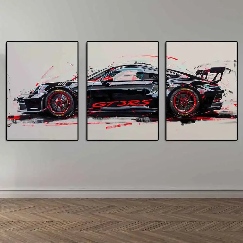 DecorBites™ gt3 rs sports car wall art triptych featuring black and red porsche gt3 rs graffiti canvas panels