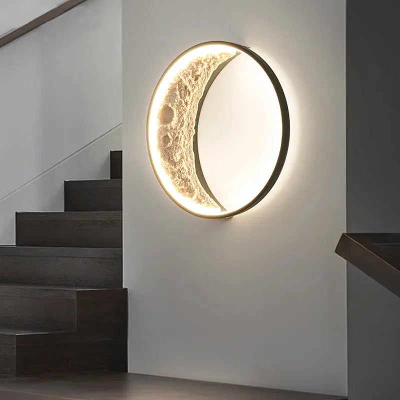 DecorBites™ half moon modern led wall lamp with textured beige surface and glowing gold crescent rim wall light