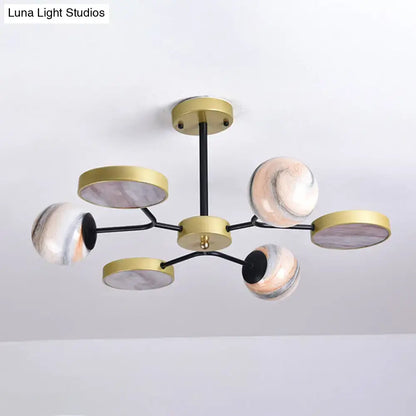 DecorBites™ hand blown glass chandelier with gold canopy shape and marble effect shades in pink white and gray 220v-240v 110v-120v