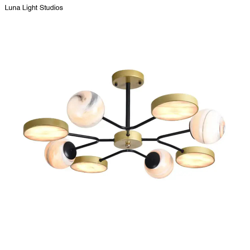 DecorBites hand blown glass round chandelier light with brass hub black arms gold discs and marble pattern spheres 220v-240v