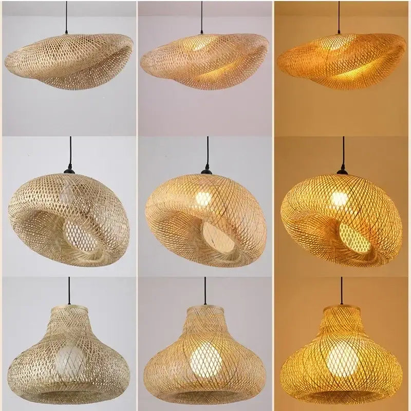 DecorBites™ hand-knit bamboo pendant ceiling light with natural warm finish and intricate lattice design