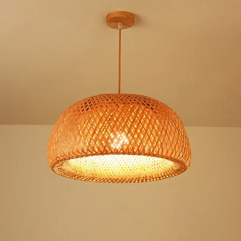 Decorbites™ hand knitted chinese style warm-toned bamboo pendant light with woven dome shade and wooden ceiling mount