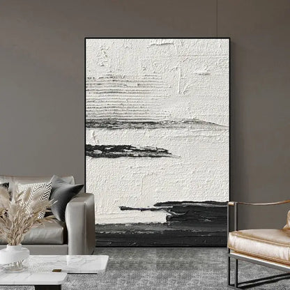 Decorbites™ hand painted black and white abstract wall painting with textured layered brushstrokes in minimalist frame oil paintings