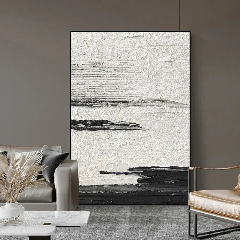 Decorbites™ hand painted black and white abstract wall painting with textured layered brushstrokes in minimalist frame oil paintings