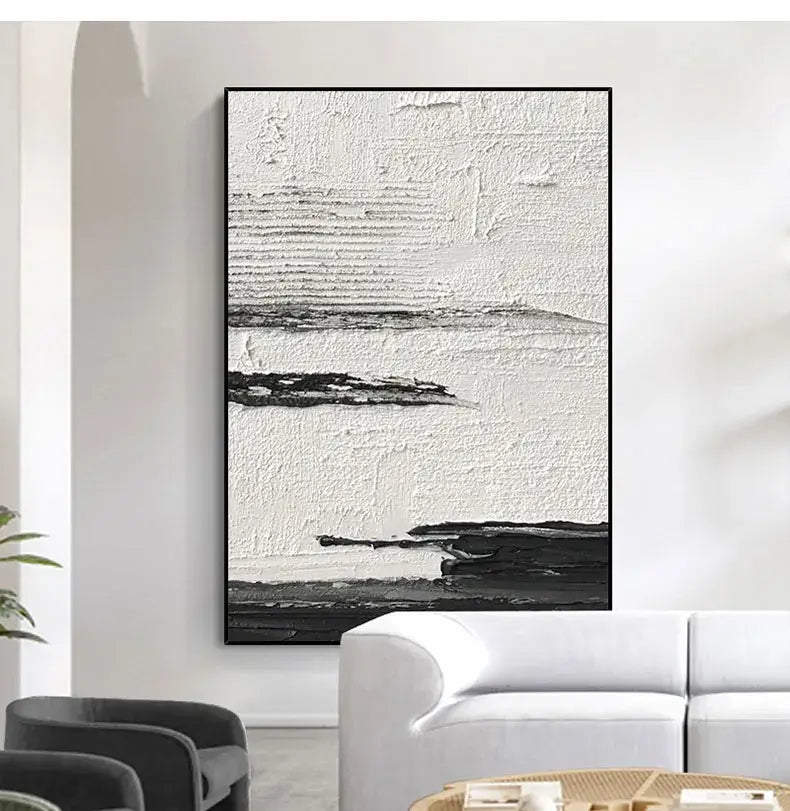 DecorBites hand painted oil paintings featuring black framed textured white abstract wall canvas layers