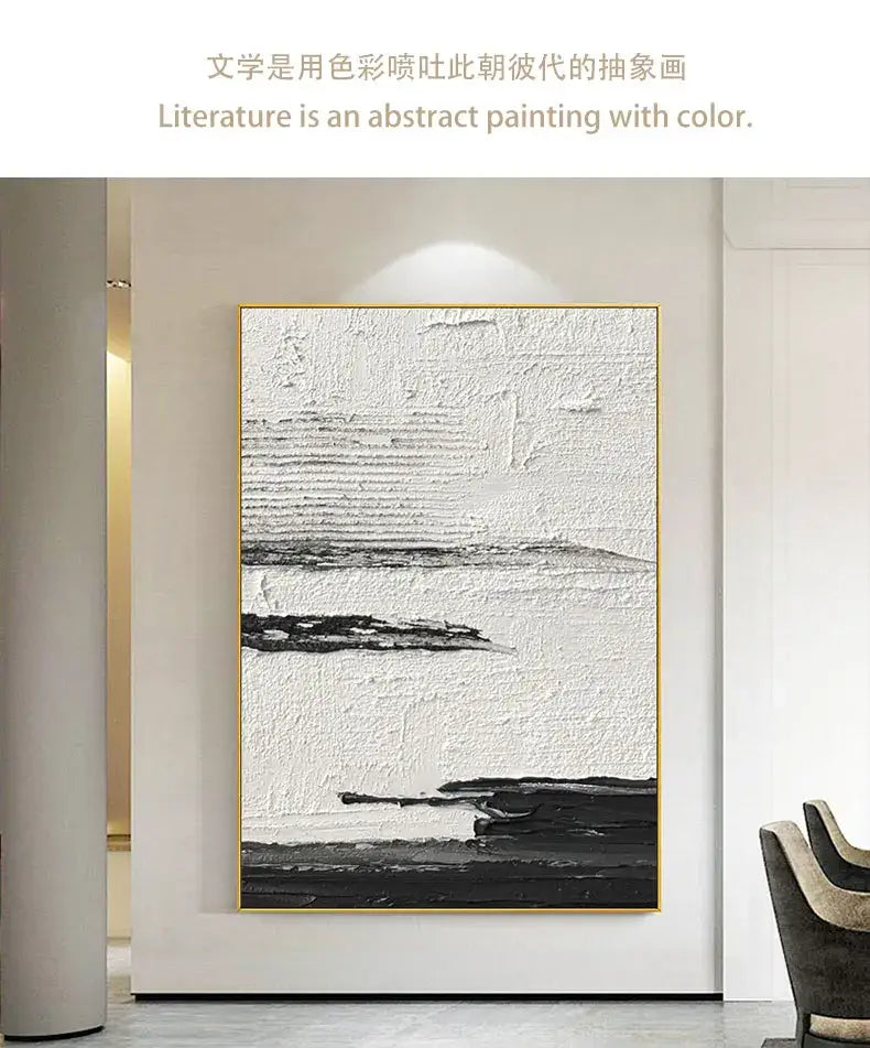 A decorbites™ hand painted black and white abstract wall painting with textured oil paintings framed in a gold border
