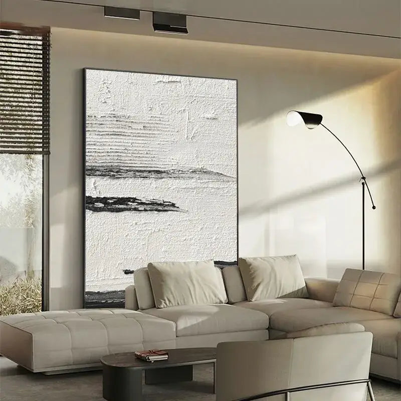 Decorbites™ hand painted black and white abstract wall oil painting with textured brushstrokes framed in dark border