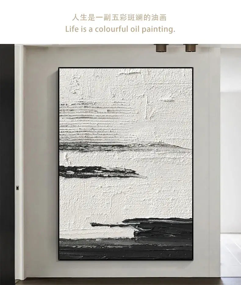 Decorbites™ hand painted black and white abstract oil painting with textured brushstrokes in minimalist frame for wall decor