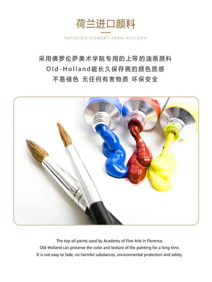 Three tubes of oil paint in blue red and yellow with brushes beside decorbites hand painted white abstract wall painting