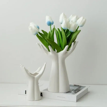 Decorbites™ hand-painted ceramic flower vase featuring white hand arm palm design with white tulips blue-tipped petals
