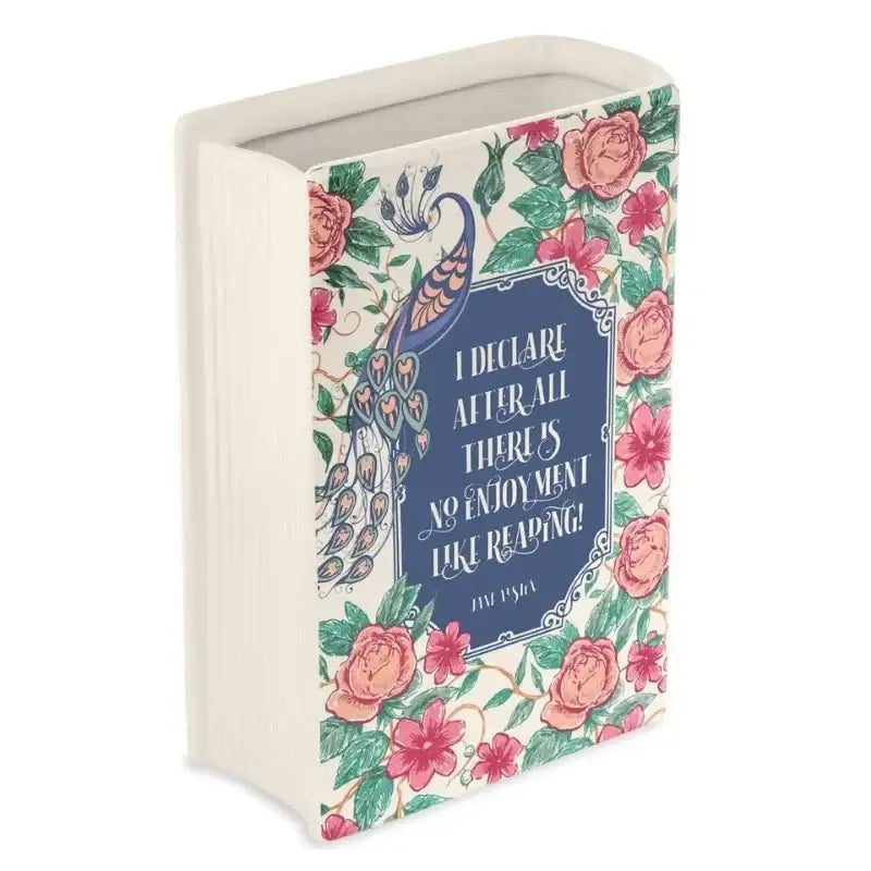 DecorBites hand-painted flower ceramic vase shaped like a book with pink roses and peacock for home decor