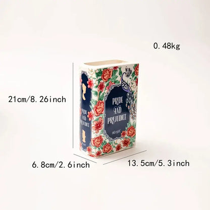 Decorbites hand-painted flower ceramic vase resembling pride and prejudice book cover with roses and peacock home decor