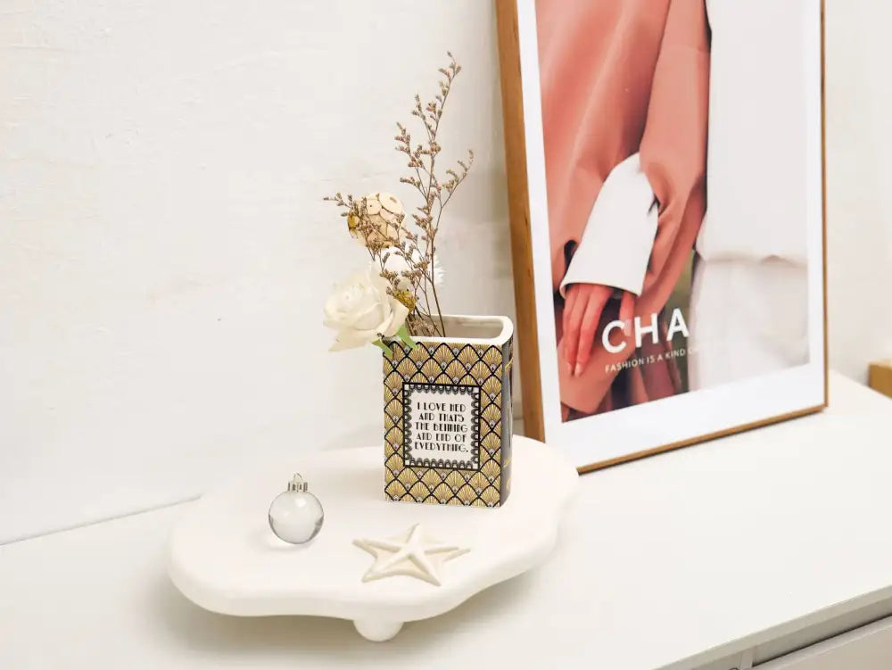 Rectangular ceramic vase with gold and black geometric pattern and i love beauty text for home decor and flower ceramic vase