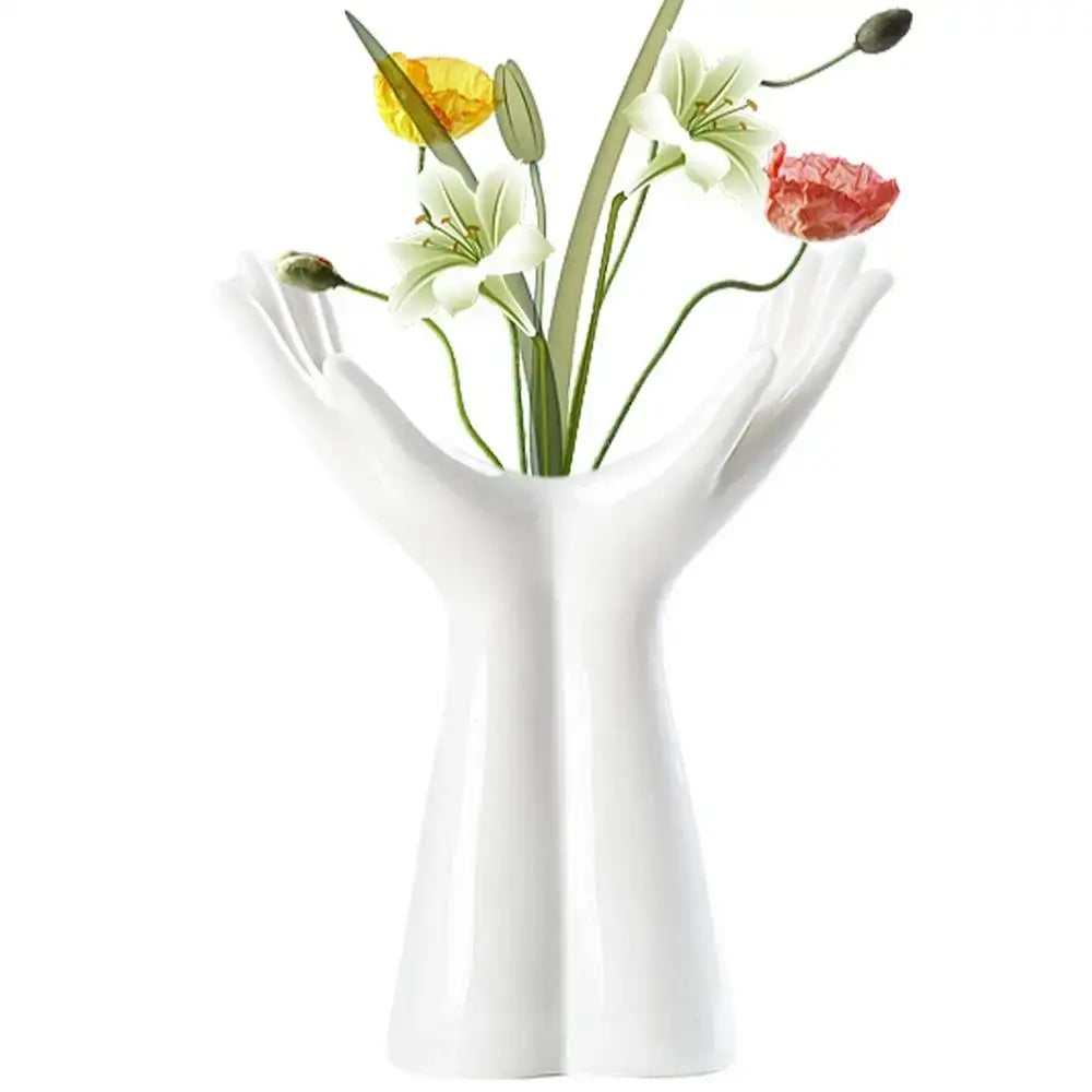 White ceramic hand shaped flower vase made of porcelain by DecorBites for elegant home decor display