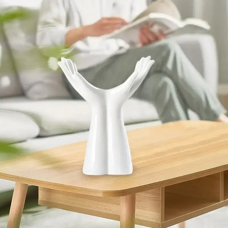 Decorbites™ white ceramic hand shaped porcelain flower vase in v-shape for unique home decor and human hand vase display