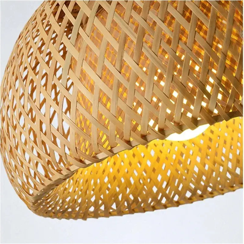 DecorBites hand-woven bamboo lantern pendant light with warm golden glow and intricate lattice design