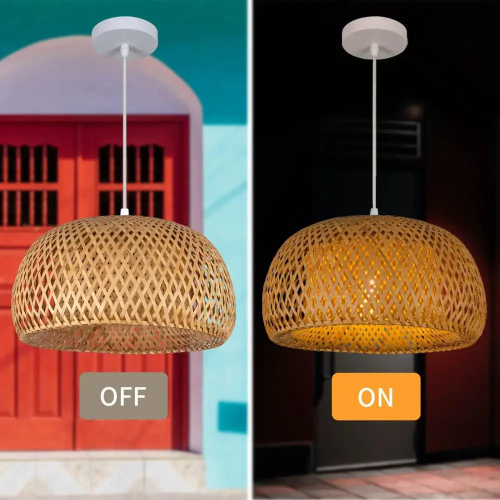 Decorbites natural woven bamboo lantern pendant light with geometric lattice design and white ceiling mount